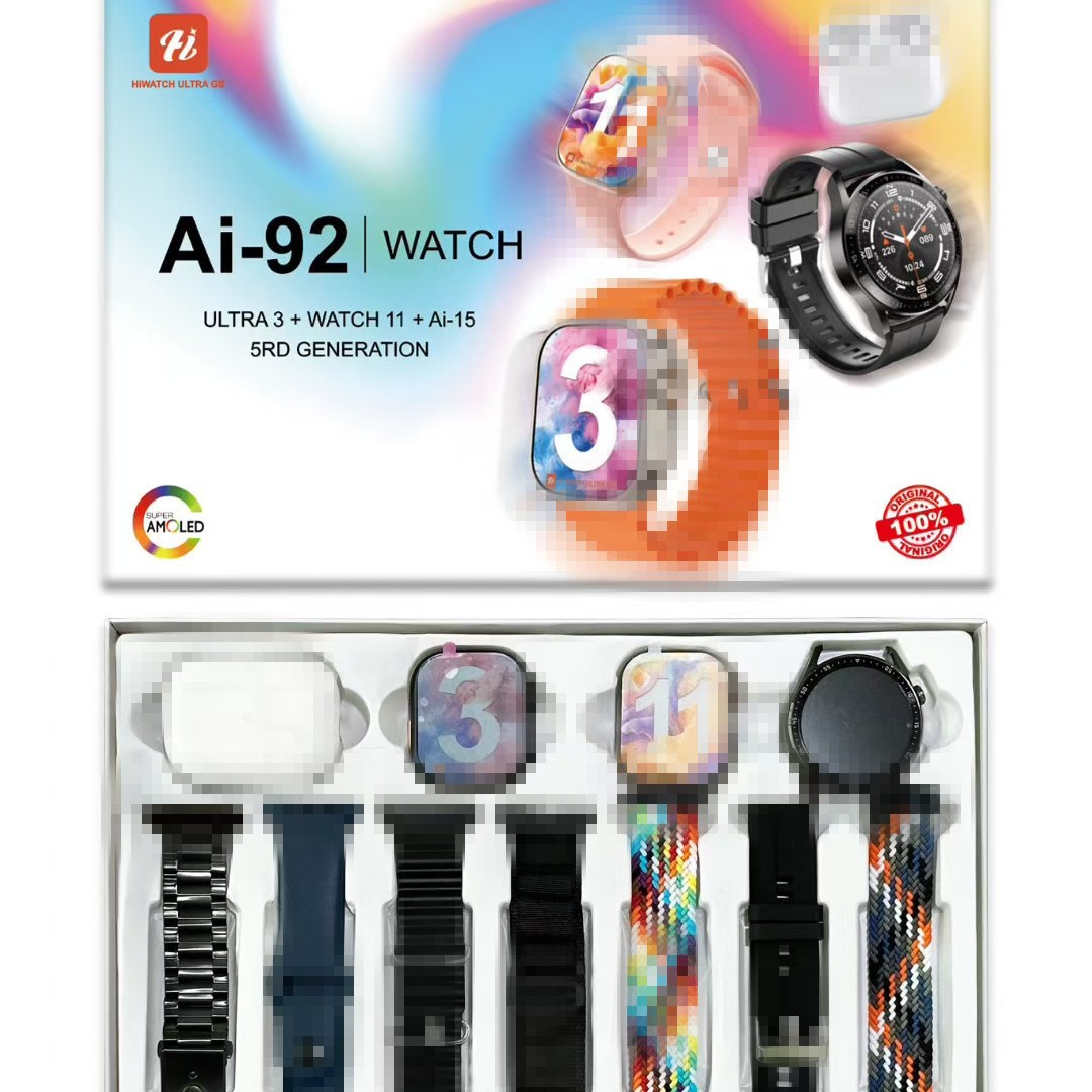 Ai-92 Smart Watch Set Bluetooth Call Wireless Charging+Bluetooth Earphones+7 Straps Sports Health Monitoring