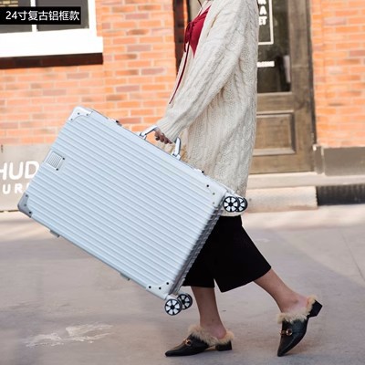 Retro right angle luggage with aluminum frame, 24 universal wheels, men's large capacity password luggage, leather suitcase, women's 20 inch boarding travel