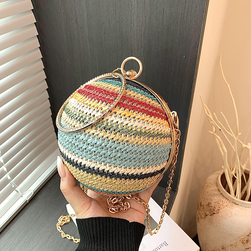 Summer woven bag for women 2025 new model, Forest style soft girl fashion contrasting color ring handbag, crossbody chain small round bag
