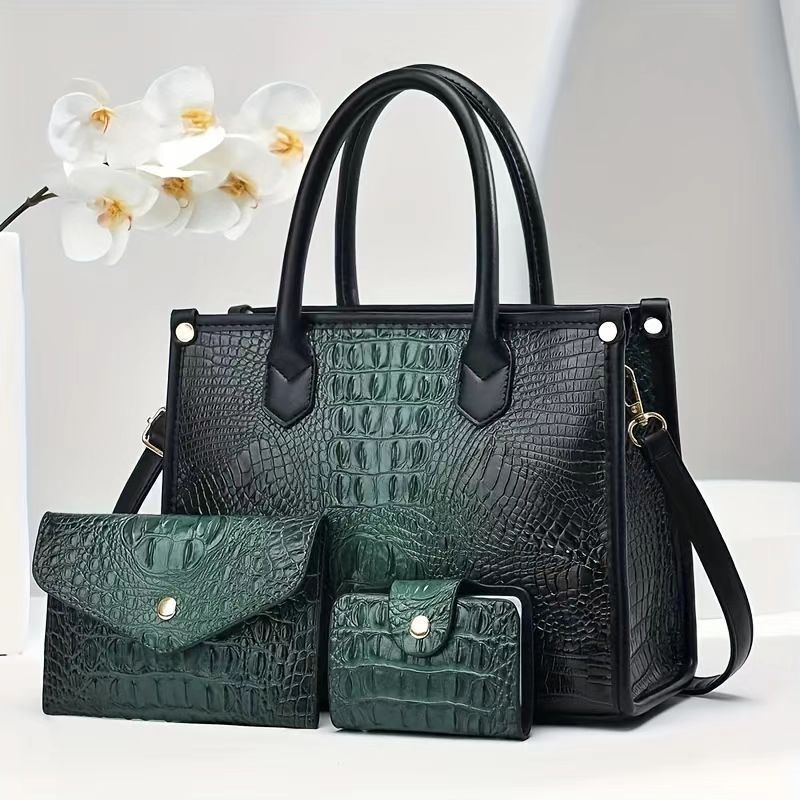 2025 New Crocodile Pattern Texture Cross border Women's Shoulder Cross Shoulder Handbag Large Capacity Three piece Set Mother Bag