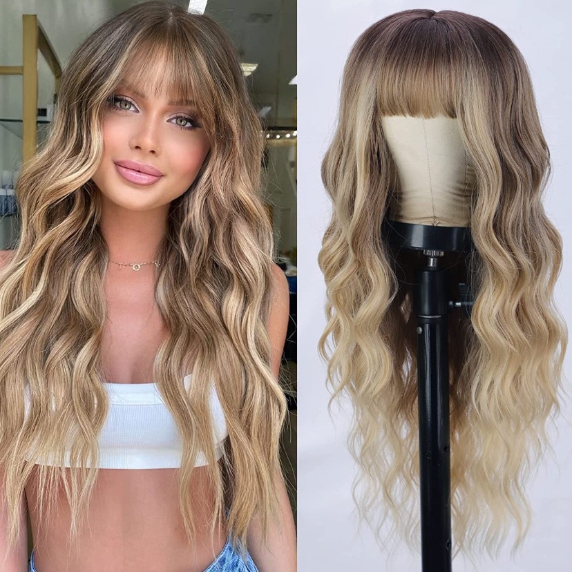 Cross border wig hair, European and American wig, women's long curly hair wig, gradient color, bangs mechanism, synthetic headband wig, wigs