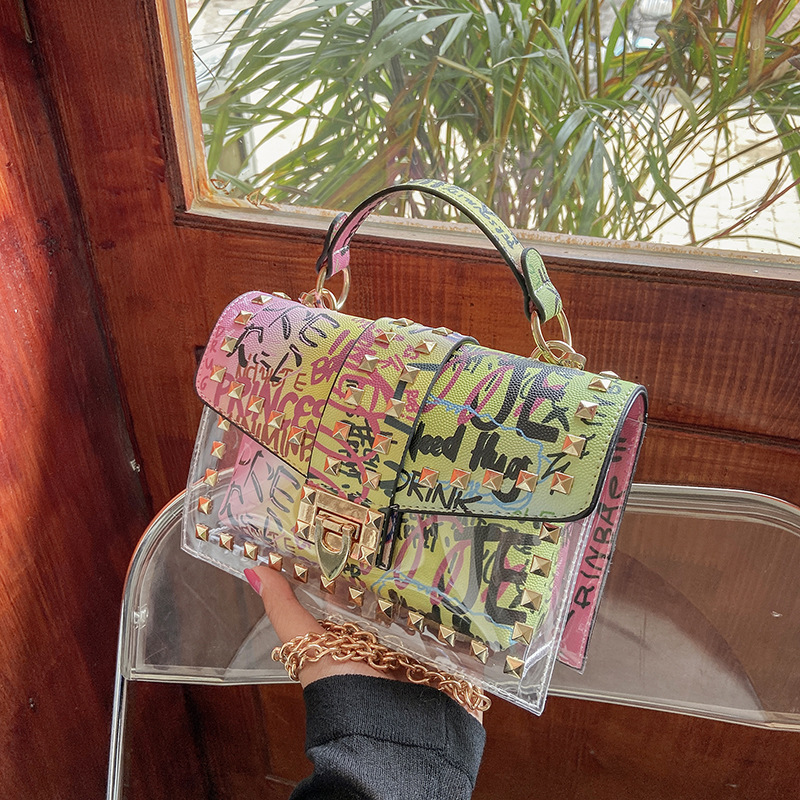 Internet celebrity graffiti transparent jelly bag summer 2025 Korean version fashion graffiti ins Internet celebrity chain shoulder crossbody bag