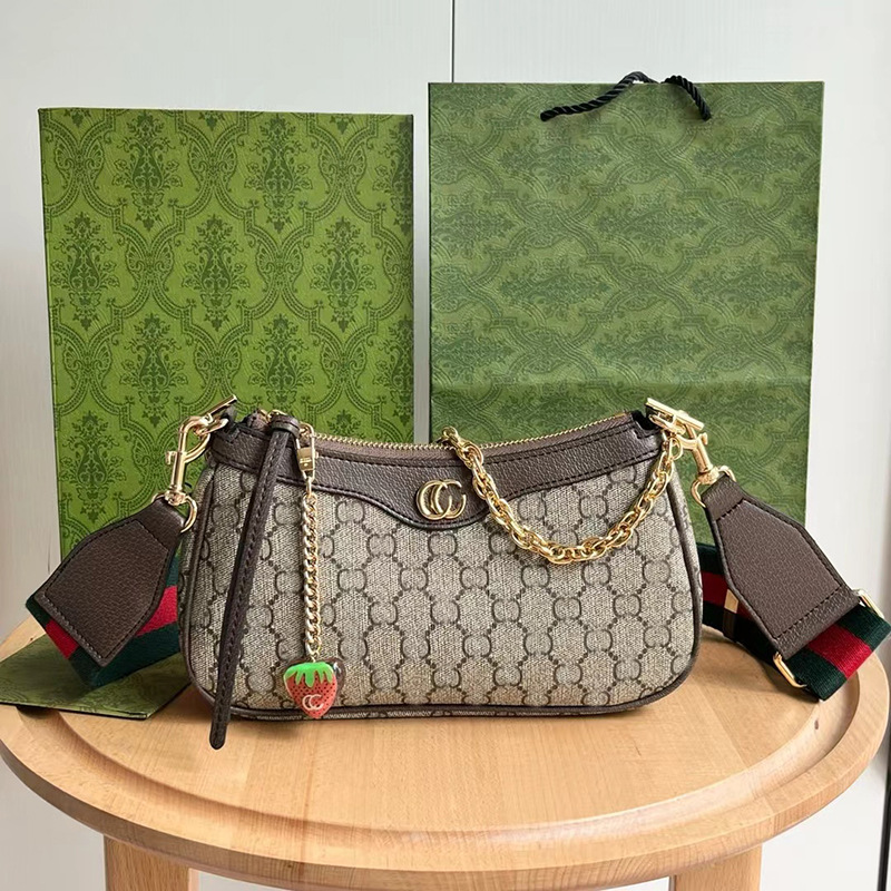 2024 New Ophidia Small GG Old Flower Canvas Bag Mahjong Underarm Bag Strawberry Single Shoulder Crossarm Underarm Bag