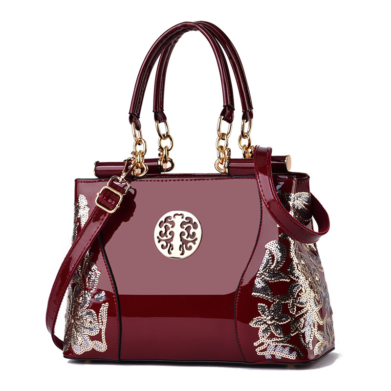 2025 autumn European and American retro handbag large capacity shiny leather double-sided embroidery women's bag atmospheric single shoulder crossbody bag