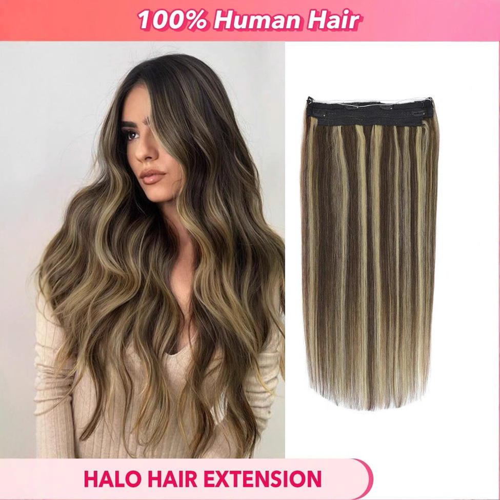 Cross border real hair wig, women's straight hair, fishing line, hair curtain, hair extensions, halo hair extensions, seamless hair extensions