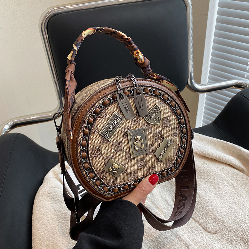 High end fashion women's small round bag 2025 new retro printed handbag casual versatile single shoulder diagonal cross bag