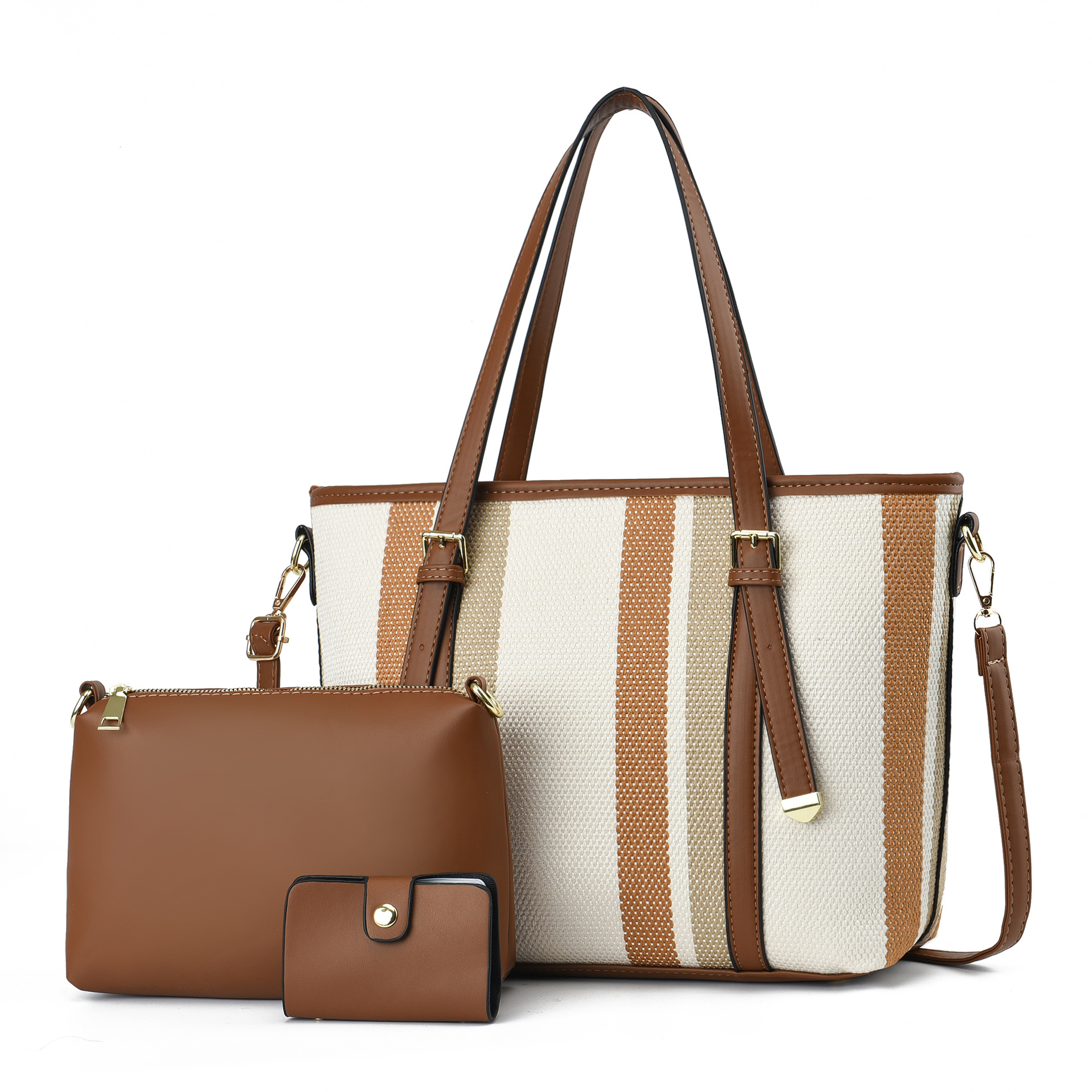 Striped large bag, women's versatile large capacity commuting three piece set, tote bag, simple and atmospheric women's shoulder bag