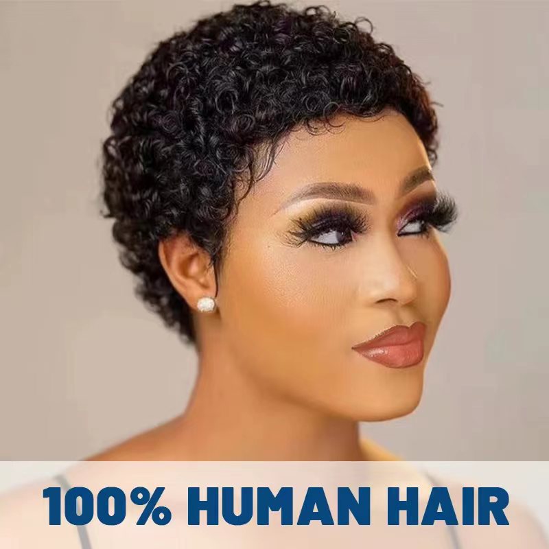 Cross border real hair wig hair African small roll wig women's short curly hair mechanism real hair wig full head set wigs