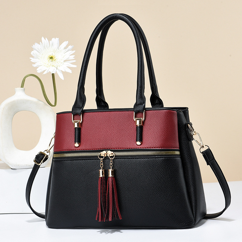 2025 new contrasting color handbag, large capacity soft leather tassel bag, large capacity shoulder bag