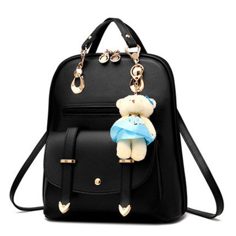 New Korean style trendy women's PU leather backpack for women, student leisure backpack, college style hanging teddy bear bag