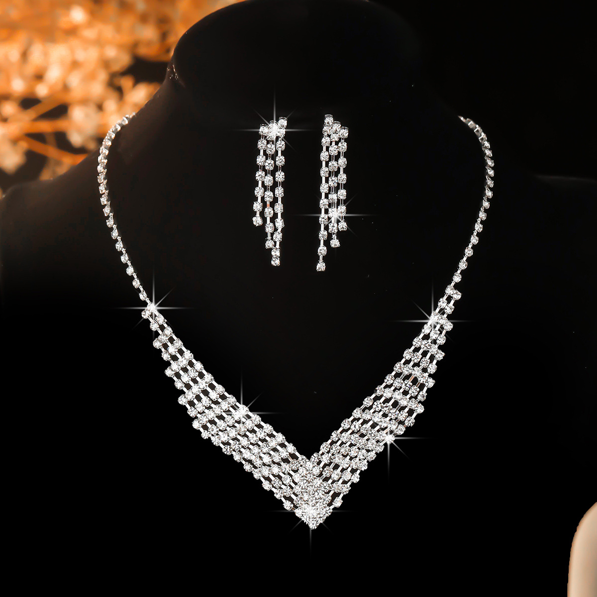 New Simple Water Diamond Full Diamond Necklace Earrings Two Piece Set Water Diamond Wedding Banquet Necklace Wholesale