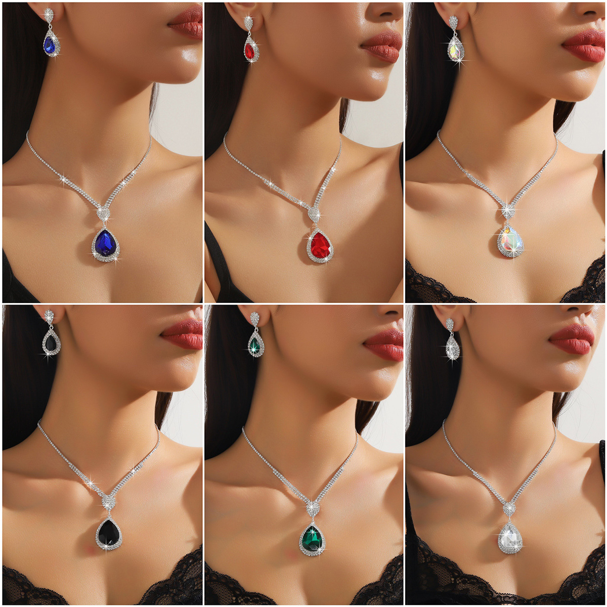 Dazzling Color Blue Green Red Water Drop Crystal Necklace Earring Set Jewelry Two Piece Set