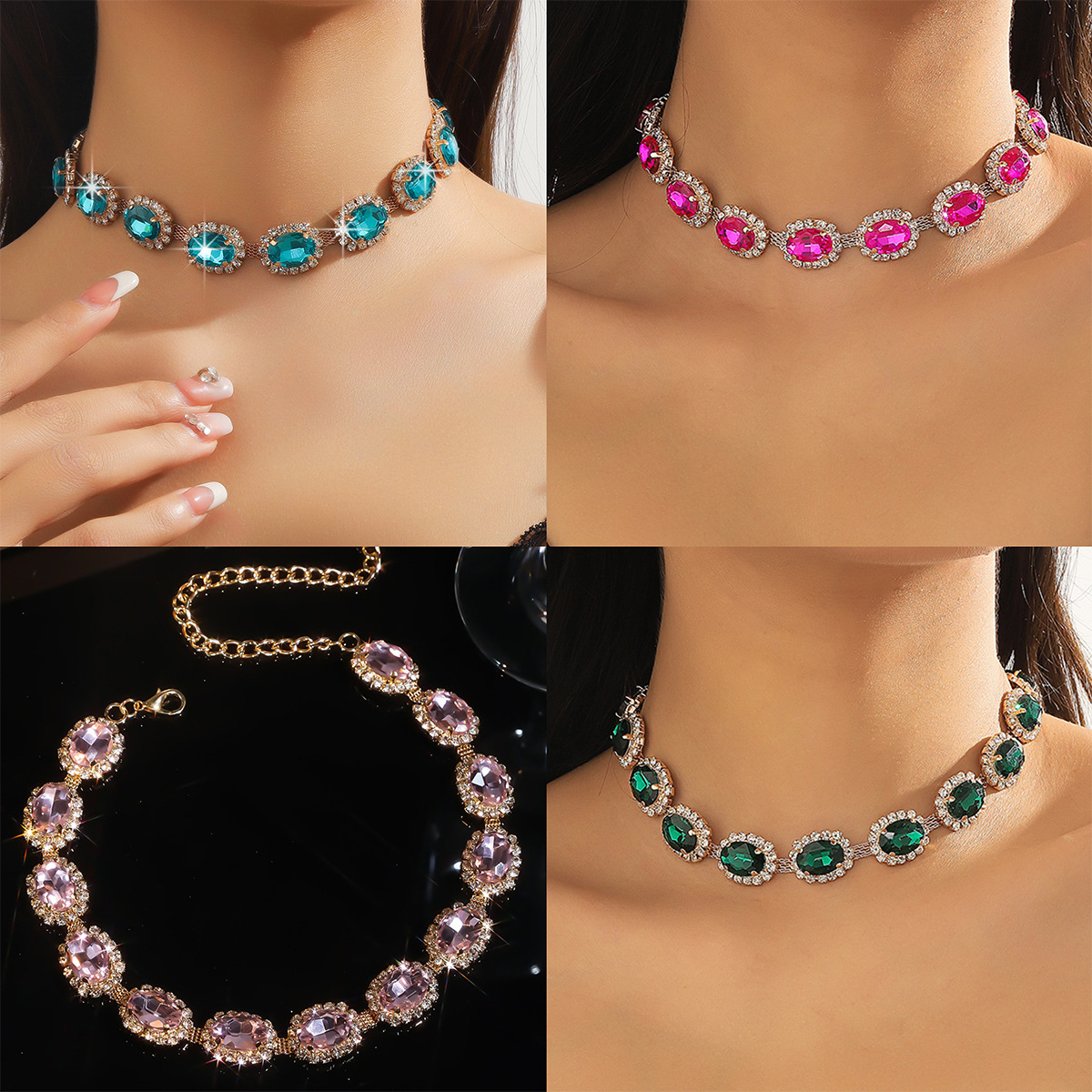 New trendy and exaggerated accessories from e-commerce sources, multi-layer colored rhinestone crystal necklace, neckchain
