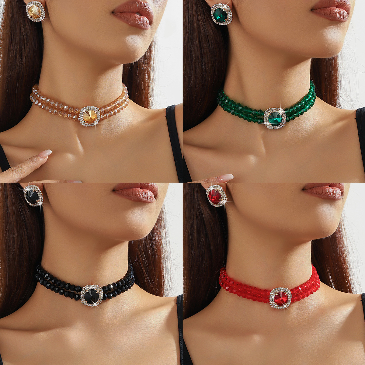 Luxury double-layer crystal glass geometric rectangular necklace earring set, fashionable colored crystal necklace