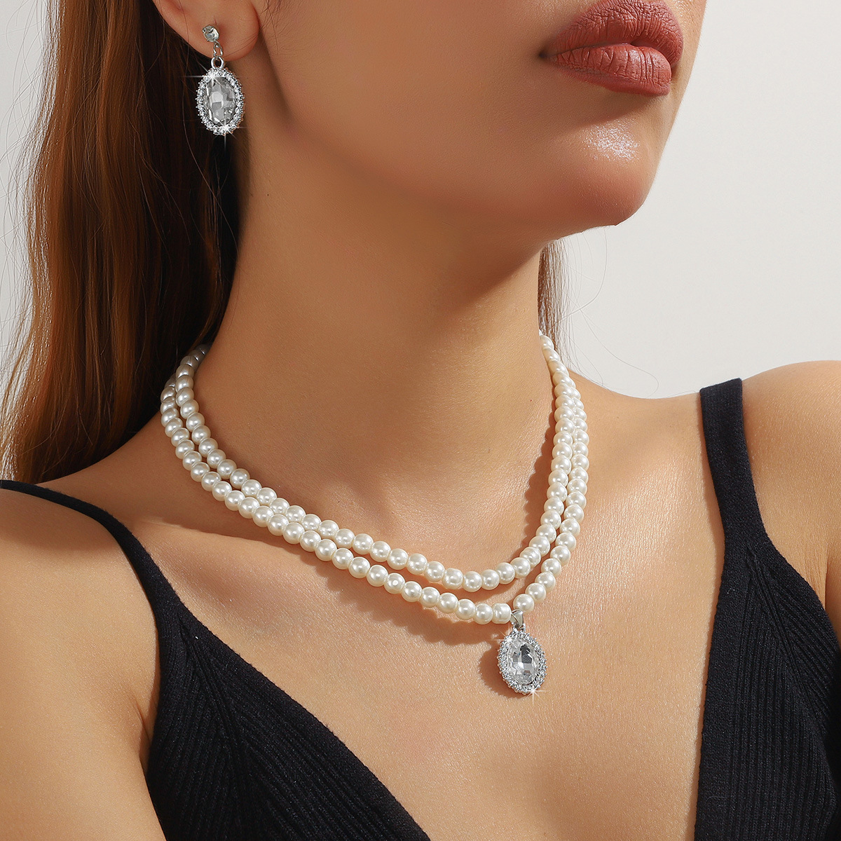Jinxi Jewelry New Versatile Imitation Pearl Necklace Double layer White Pearl Weaving Necklace Clavicle Chain Neck Chain