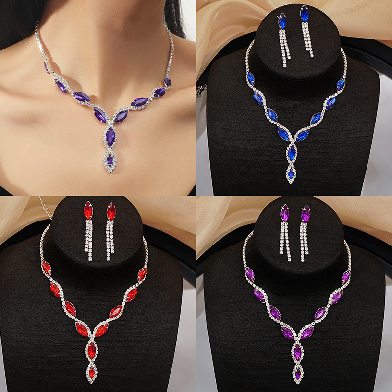E-commerce source red, blue, purple crystal rhinestone necklace earrings two-piece set banquet dress necklace accessories
