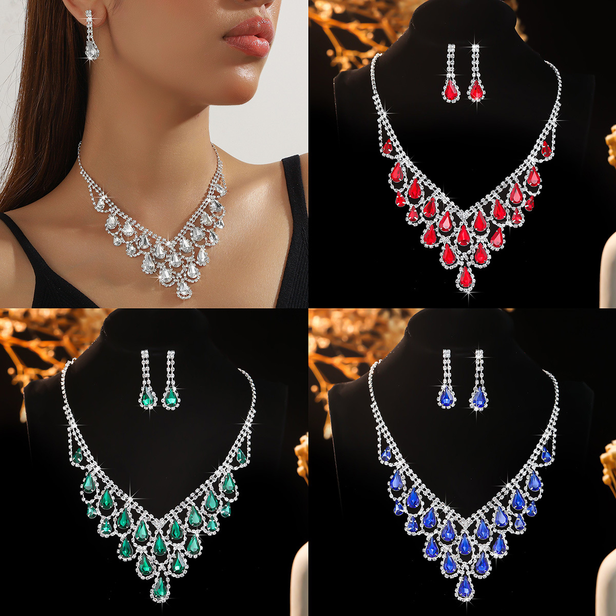 Wholesale bride crystal full diamond necklace earrings two-piece set exquisite high-end wedding veil dress necklace with accessories