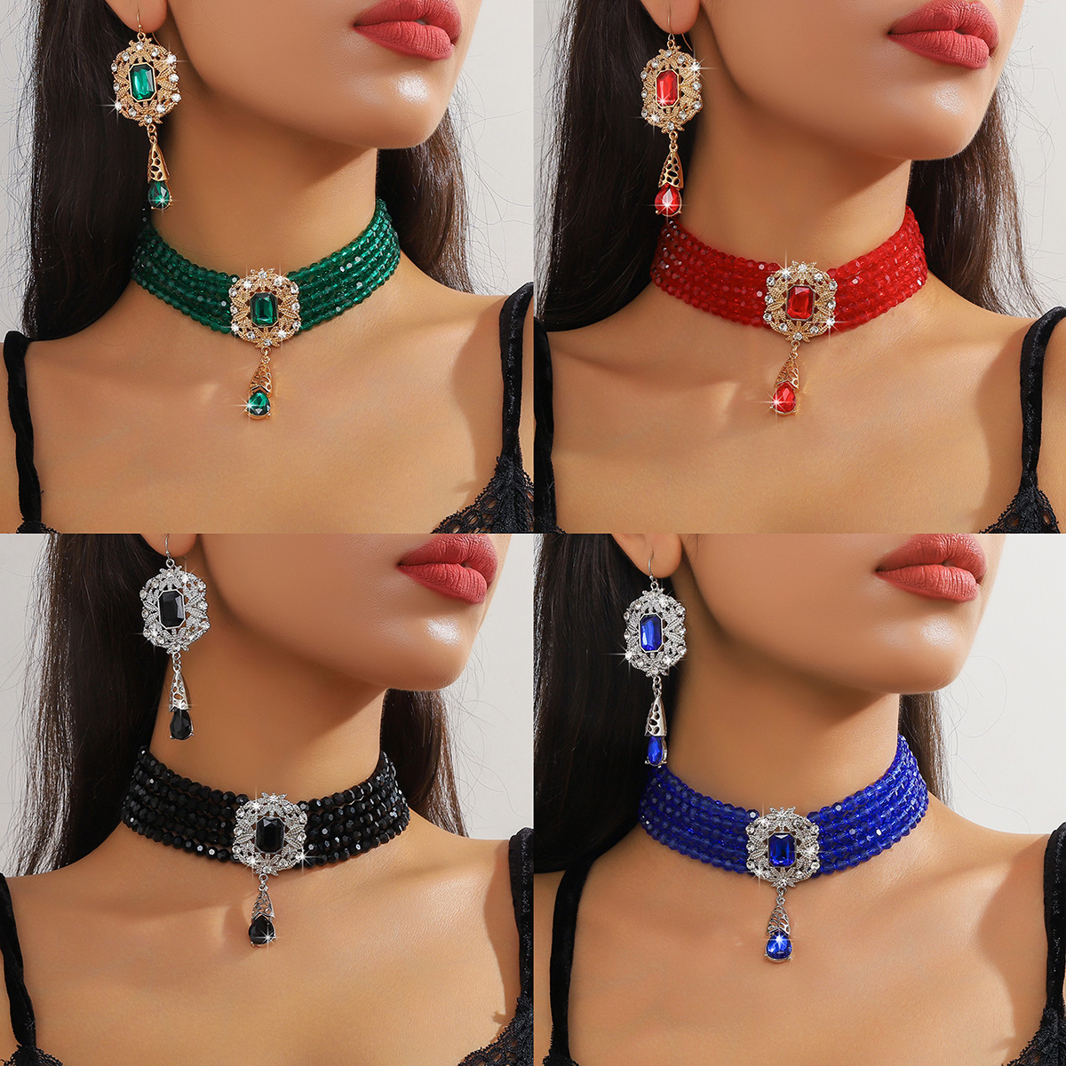 Luxurious multi-layer crystal glass water droplet pendant necklace earrings, fashionable and exaggerated colorful crystal necklace