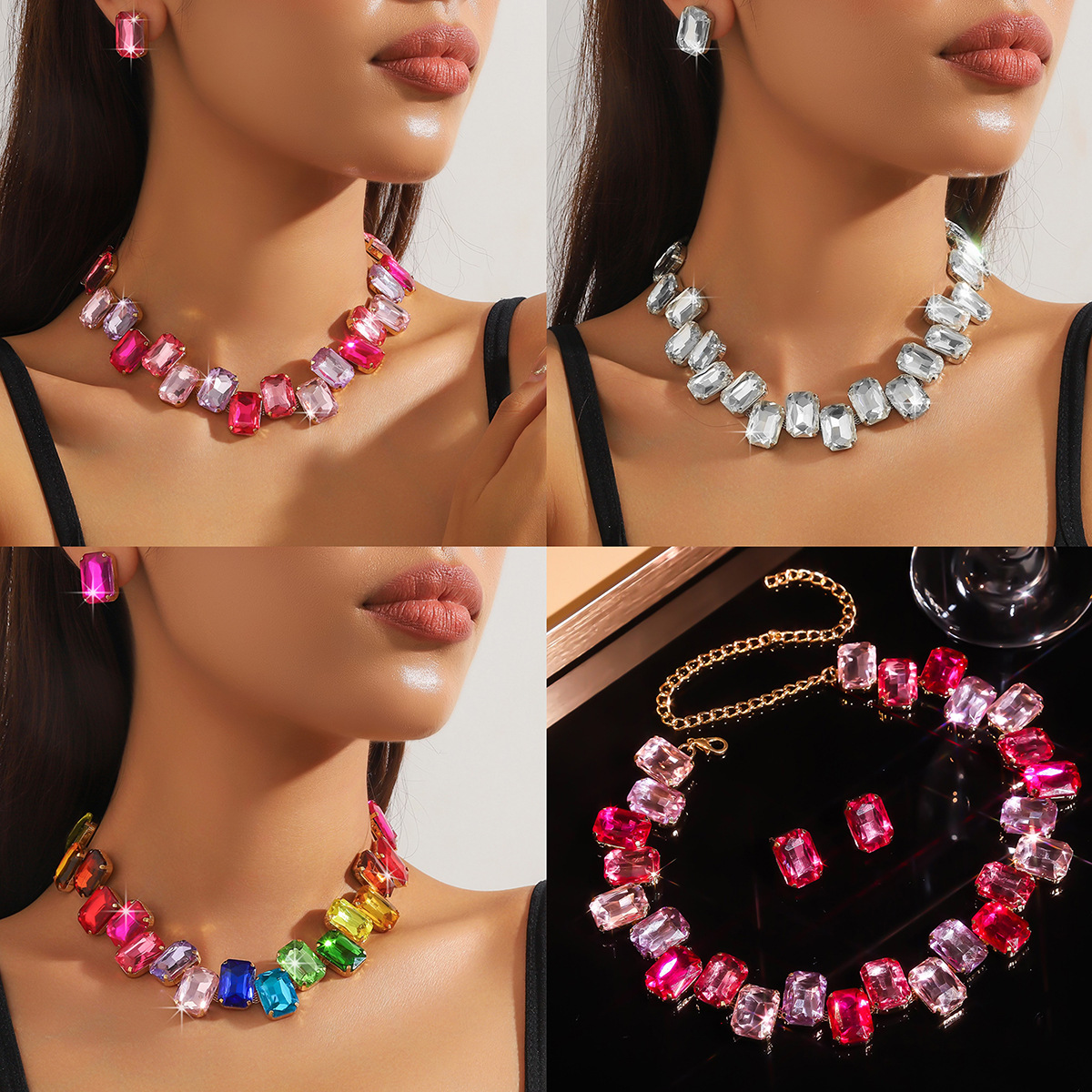 Wind colored pink full diamond crystal necklace with accessories for dinner dress, exaggerated collarbone chain