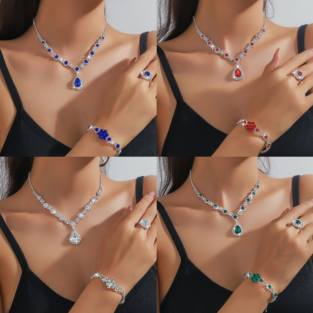Fashion green, blue, and red multicolored rhinestone crystal necklace, earrings, bracelets, rings, four piece set, Amazon