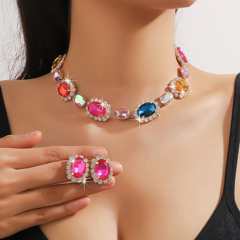 Wholesale Jewelry Elliptical Geometry Colored Glass Water Diamond Exaggerated Banquet Accessories Earrings Necklace Set