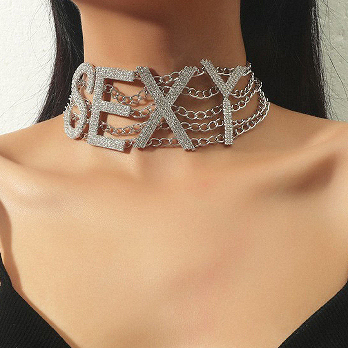 Diamond studded exaggerated necklace choker personality hip-hop English letters SEXY fashion necklace