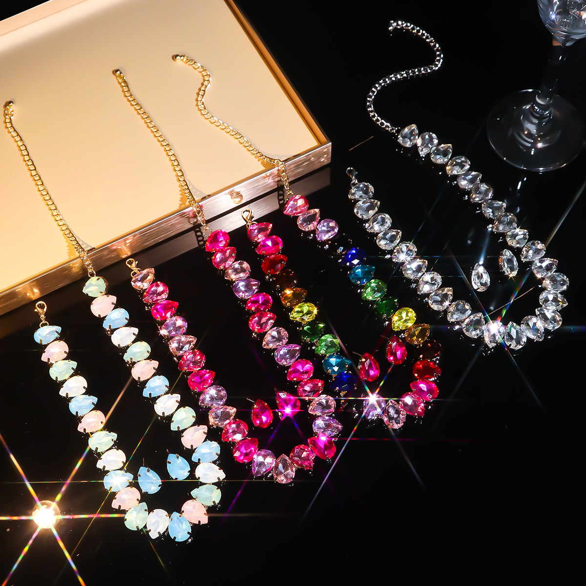 Trendy Exaggerated Water Drop Geometric Multi Layer Colored Crystal Necklace Earring Set Accessories