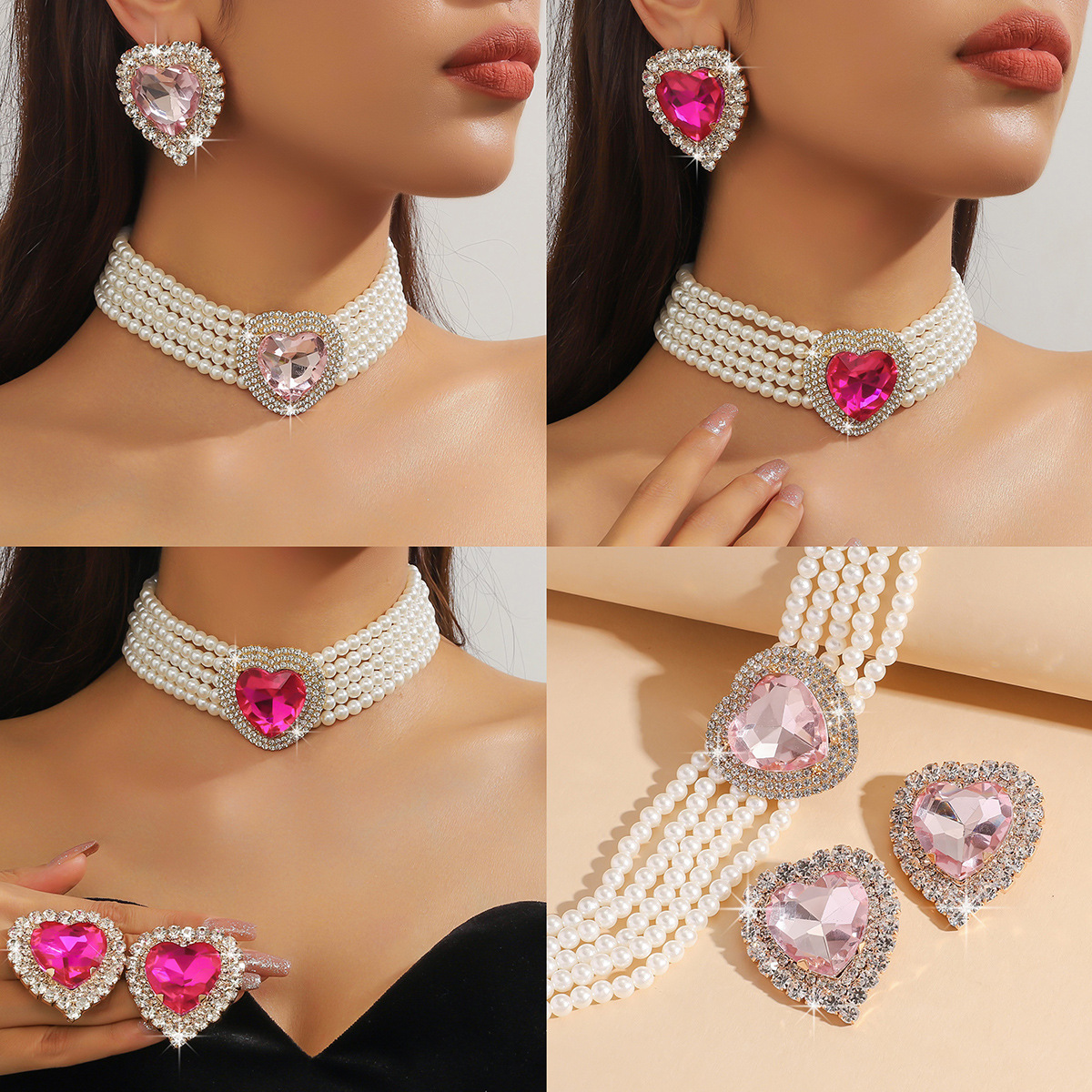 Luxurious multi-layer imitation pearl heart-shaped peach heart rose pink crystal necklace earrings fashionable and exaggerated necktie necklace