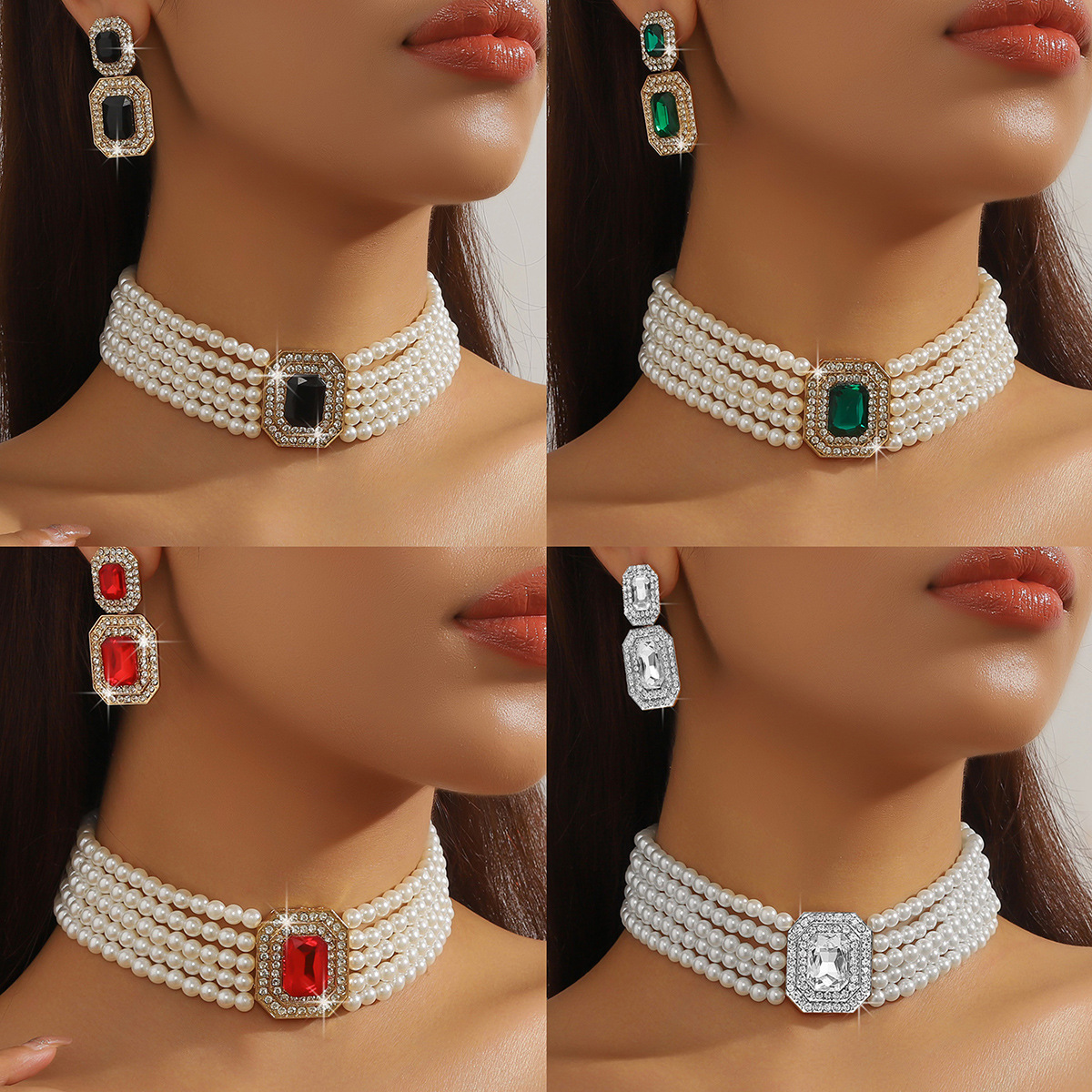 Luxurious multi-layer imitation pearl geometric rectangular crystal necklace with earrings, colorful necklace, fashionable and exaggerated necklaces