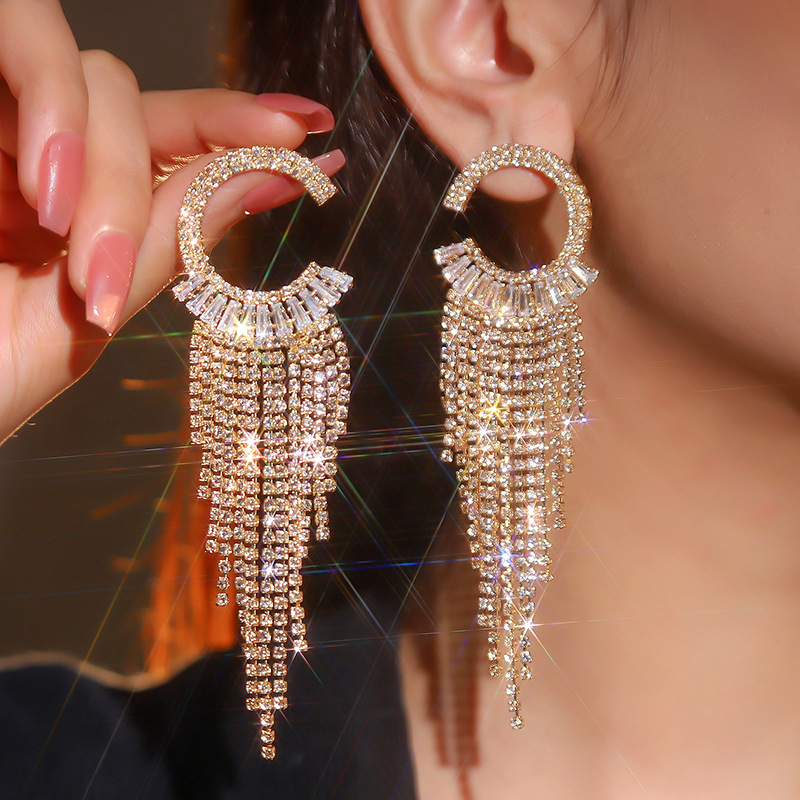 Fan temperament simple tassel zircon long earrings rhinestone retro exaggerated full diamond super sparkling earrings for women