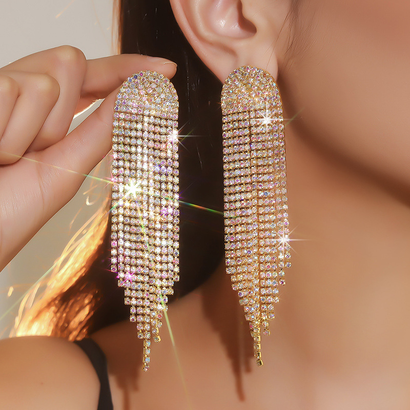 2023 New Exaggerated Claw Chain Wholesale Full Diamond Earrings, Extra Long Tassel Water Diamond Earrings, Wedding Dress Earrings