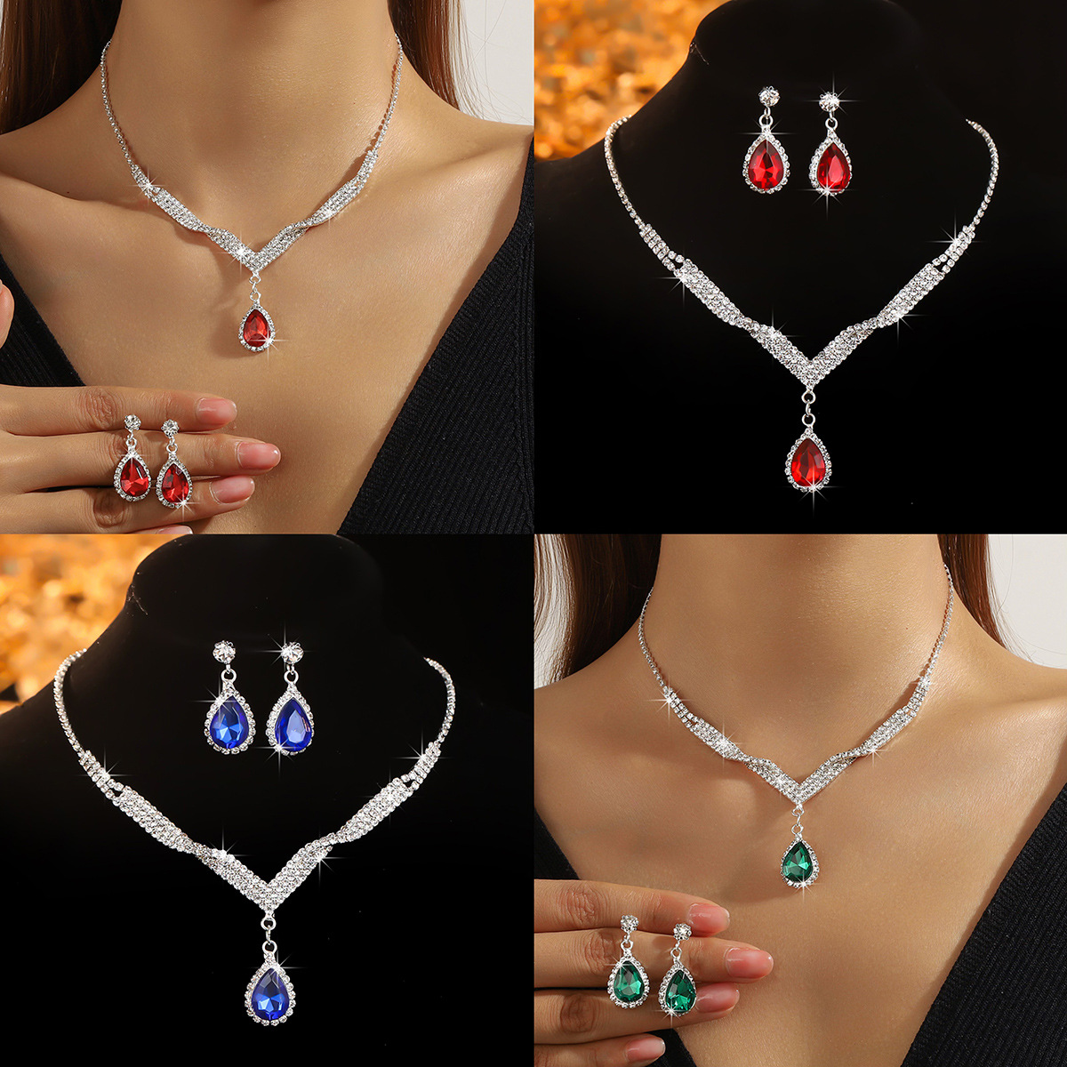 Bridal necklace set, fashionable and high-end colored crystal necklace earrings two-piece set