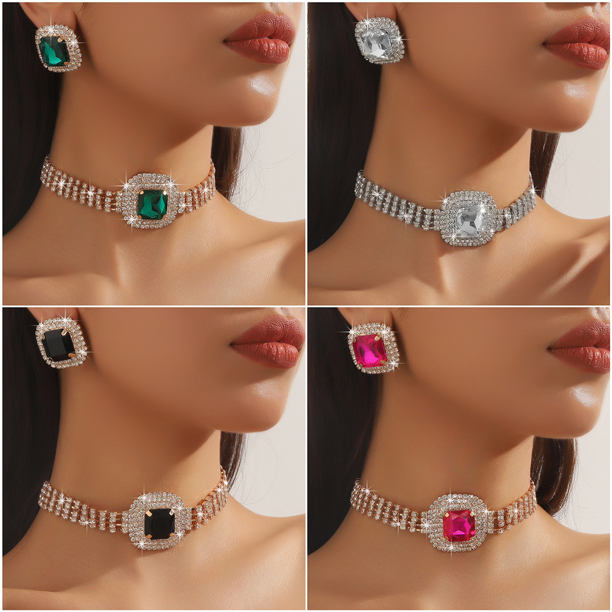 Trendy Exaggerated Square Geometry Multi layer Diamond Colored Crystal Necklace Earring Set Accessories