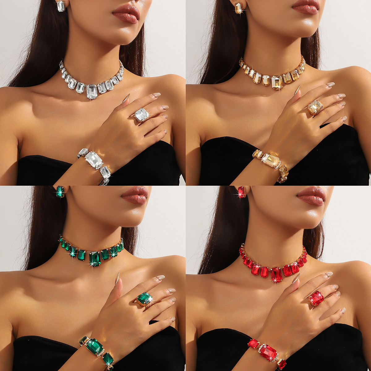 E-commerce popular geometric crystal rhinestone collarbone chain necklace bracelet ring four piece set