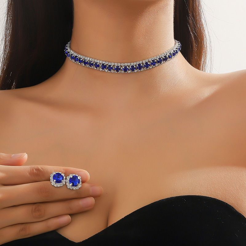 Popular green blue neckchain necklace earrings two-piece set wedding dress dress accessories for women