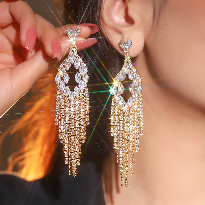 New style exaggerated full diamond geometric horse eye zircon long tassel earrings pentagram earrings fashionable earrings