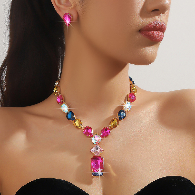 Exaggerated Color Water Drop Geometric Crystal Pendant Banquet Dress Necklace Earnail Set
