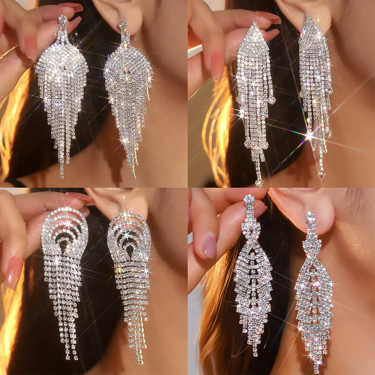 Exaggerated geometric full diamond long tassel earrings versatile temperament claw chain series earrings for women