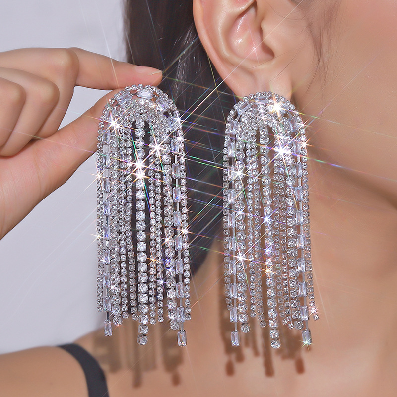 New Exaggerated Zircon Water Diamond Earrings Wholesale Full Diamond Extra Long Tassel Bare Diamond Earrings Wedding Dress Earrings