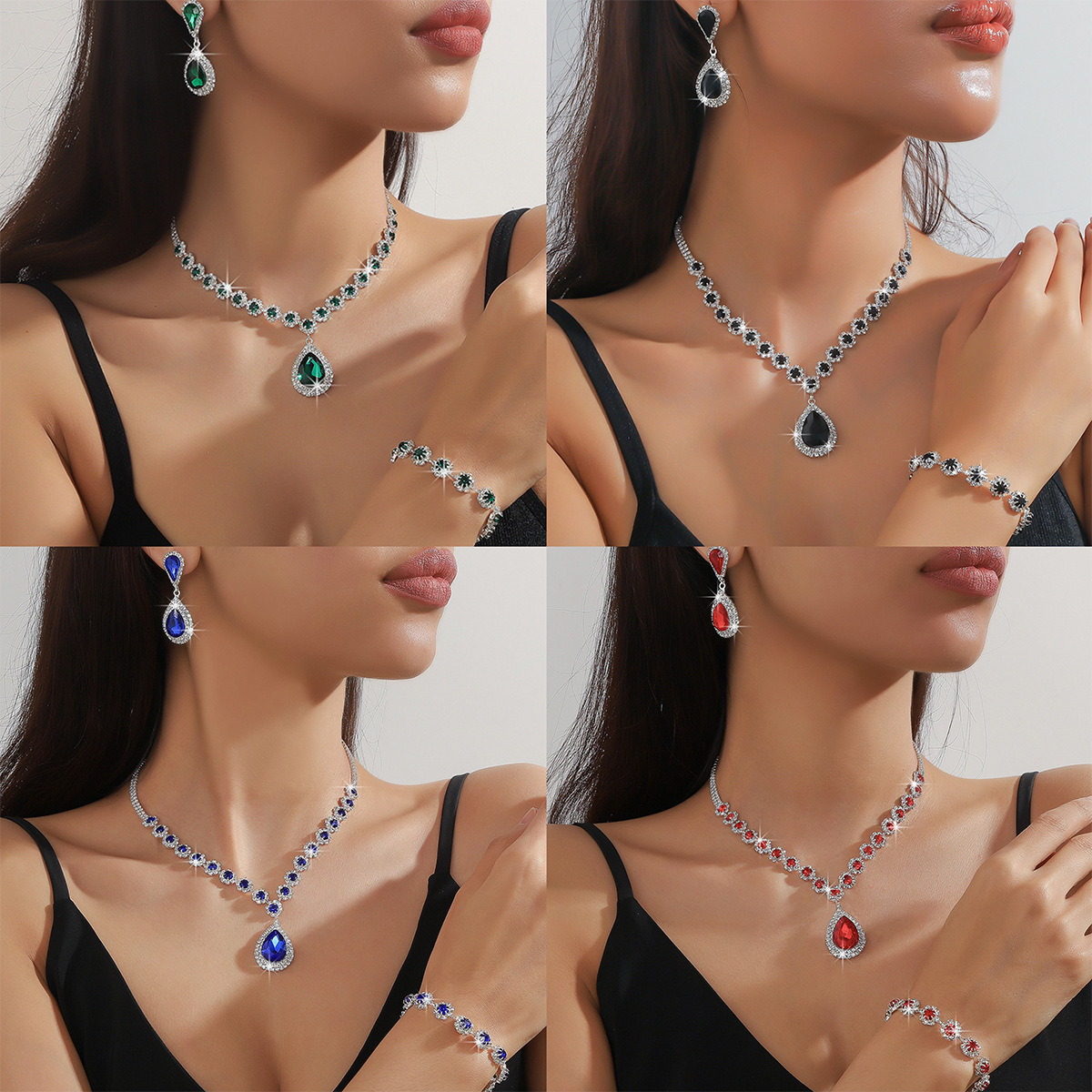 Fashion green, blue, and red rhinestone necklace, earring, bracelet set, Amazon hot selling color full diamond three piece set