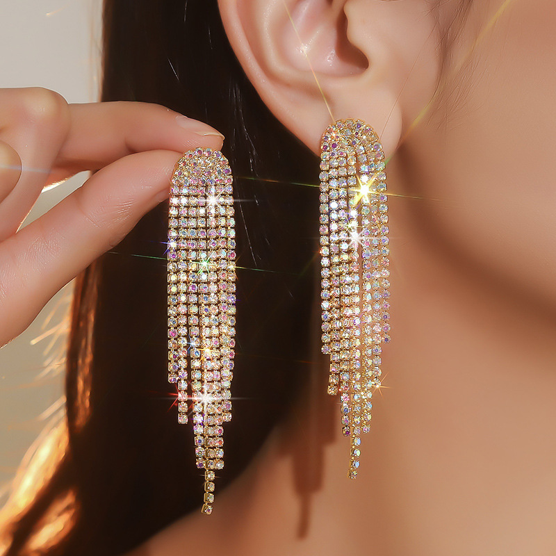 New long tassel rhinestone exaggerated earrings with temperament, internet famous earrings, personalized women's fashion earrings wholesale