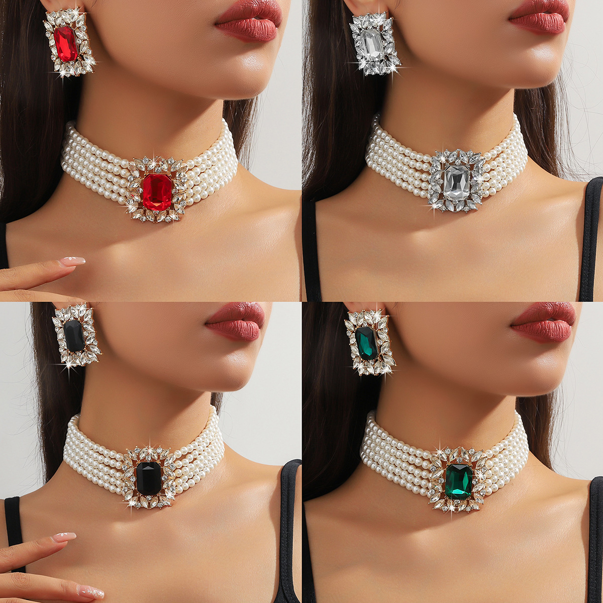 Luxurious and exaggerated multi-layer imitation pearl geometric colored crystal necklace earrings fashionable and exaggerated necktie necklace