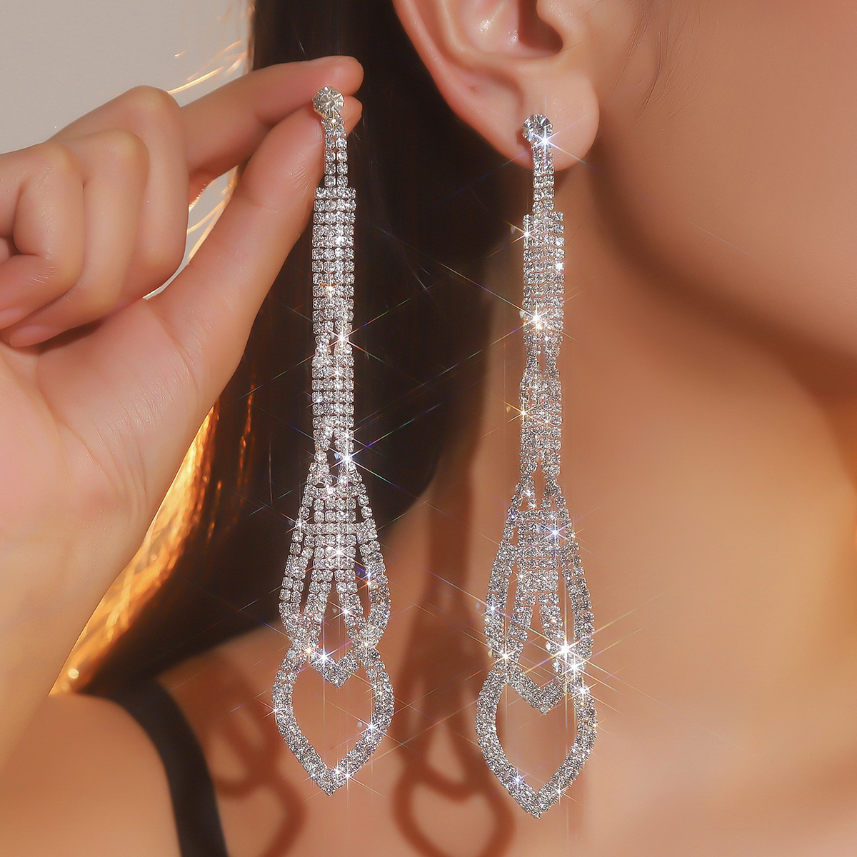 Claw Chain Series Water Diamond Full Diamond Long Style Geometric Personality Exaggerated Earrings Banquet Exaggerated Diamond Set Earrings