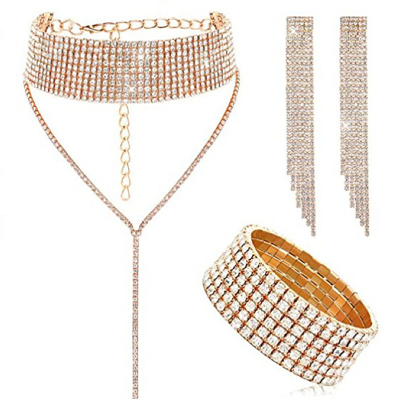 Accessory Bundle Neck Chain Necklace Amazon Hot Item Jewelry Full Diamond Claw Chain Bracelet Earrings Neck Chain Three Piece Set
