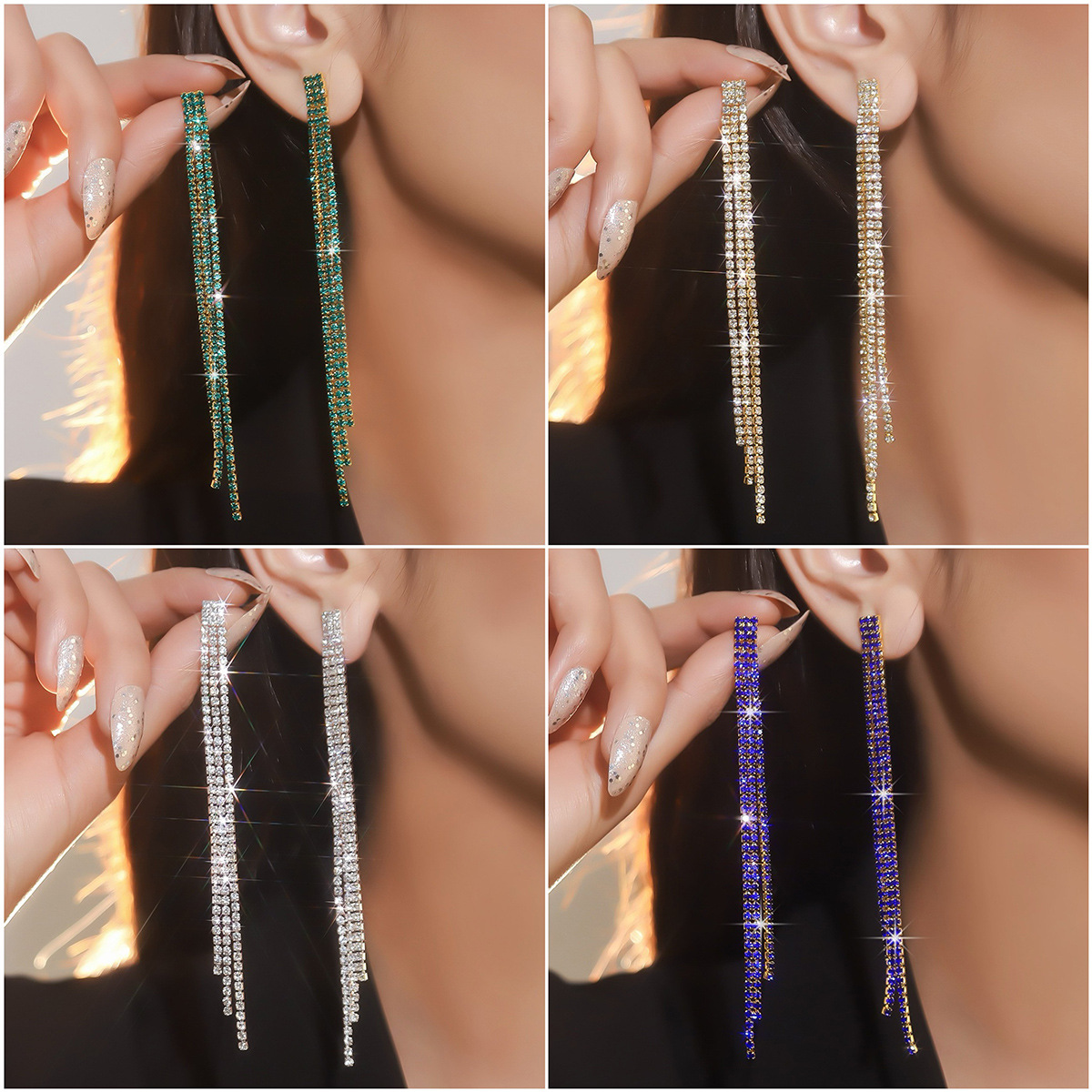 New style luxurious hole green rhinestone earrings for women, versatile chain long, three row tassel diamond earrings, earrings wholesale