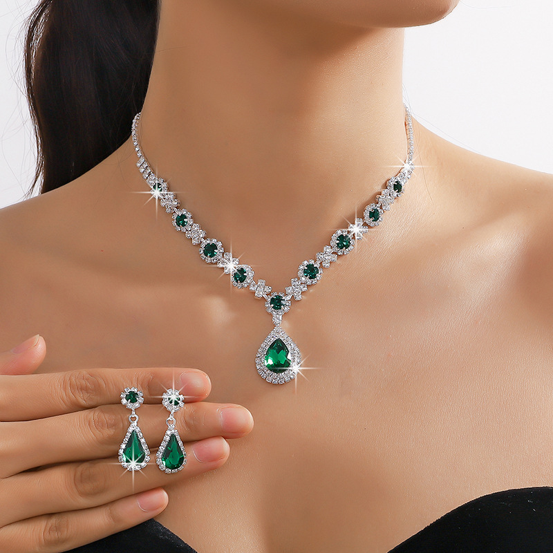 Full Diamond Large Water Drop Crystal Colored Blue Green Necklace Earring Set Jewelry Two Piece Set