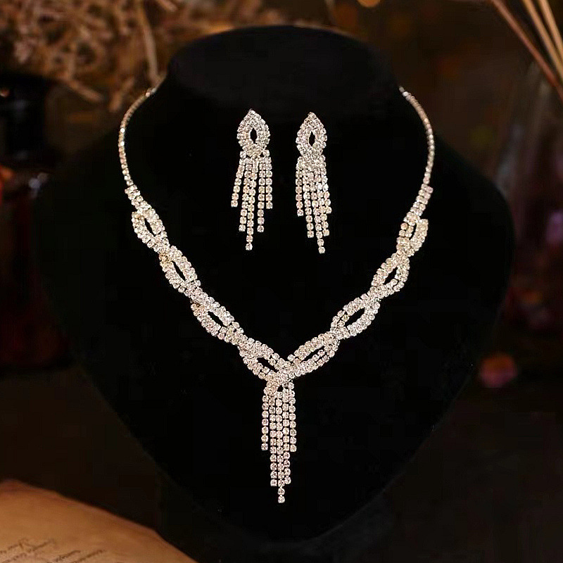 New necklace and earring set, woven style, rhinestone collarbone necklace, bridal accessory chain, diamond studded banquet chain