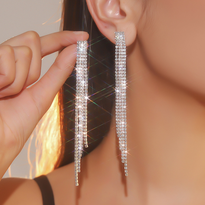 Korean new style luxurious rhinestone earrings for women, versatile chain, long tassel earrings, exaggerated earrings wholesale