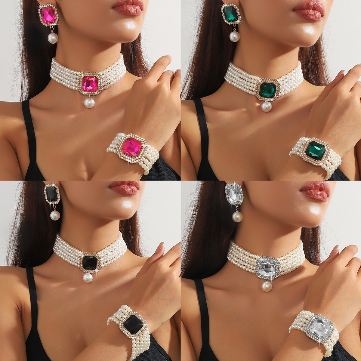 Luxurious multi-layer imitation pearl geometric crystal necklace earrings bracelet three piece set colorful fashionable exaggerated accessories