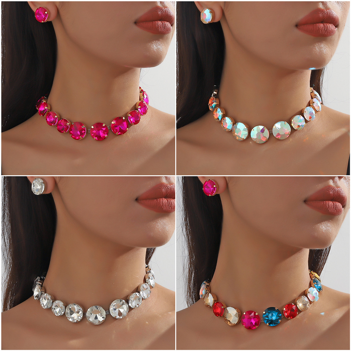 Wholesale Jewelry Round Geometric Colored Glass Water Diamond Exaggerated Banquet Accessories Earrings Necklace Set